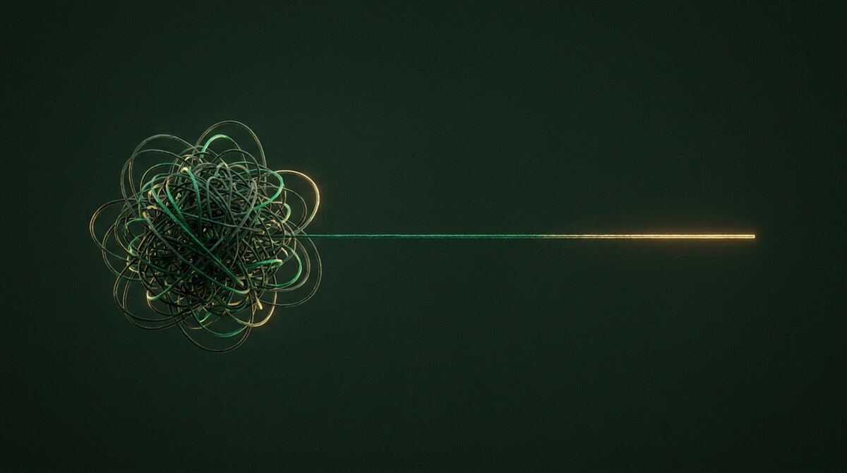 A tangled knot of thread unraveling into a single clean straight line